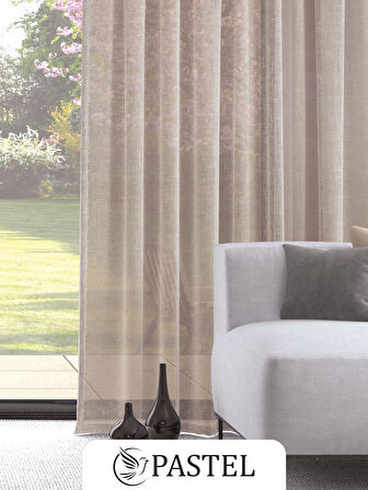 Pastel Açık Kahve Rengi Keten Görünümlü Ekstraforlu Tül Perde Ütü Istemez