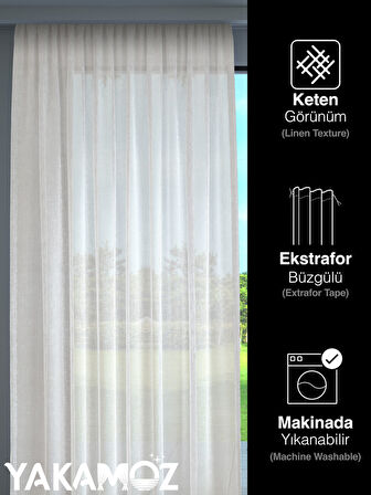 Yakamoz Kirli Beyaz Keten Görünümlü Ekstraforlu Tül Perde Linen Touch Serisi