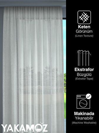 Yakamoz Beyaz  Keten Görünümlü Ekstraforlu Tül Perde Linen Touch Serisi