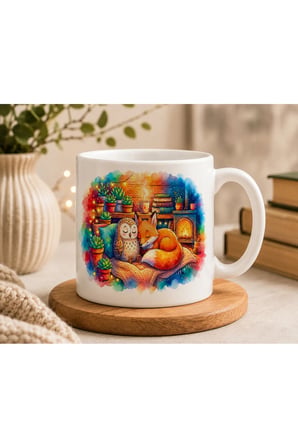 Tilki ve Baykuş Seramik Kupa 300 ml | Çift Taraflı Baskı | Cozy Orman Temalı Kahve Kupası