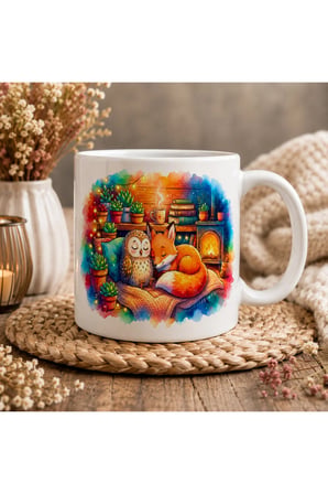 Tilki ve Baykuş Seramik Kupa 300 ml | Çift Taraflı Baskı | Cozy Orman Temalı Kahve Kupası