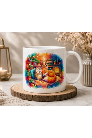 Tilki ve Baykuş Seramik Kupa 300 ml | Çift Taraflı Baskı | Cozy Orman Temalı Kahve Kupası