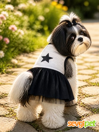 Yıldız Figürlü Siyah Tüllü Köpek Elbisesi Özel Gün ve Günlük Kıyafet