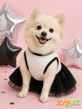 Yıldız Figürlü Siyah Tüllü Köpek Elbisesi Özel Gün ve Günlük Kıyafet