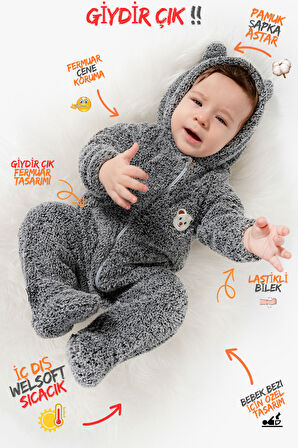 Welsoft Peluş Fermuarlı Kışlık Unisex Kız Erkek Bebek Uyku Tulumu Bebek Tulumu Çocuk Tulumu