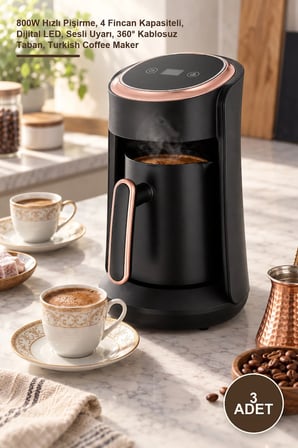 3 Adet Tek Hazneli Otomatik Türk Kahve Makinesi – 800W Hızlı Pişirme, 4 Fincan Kapasiteli, Dijital LED, Sesli Uyarı, 360° Kablosuz Taban, Turkish Coffee Maker