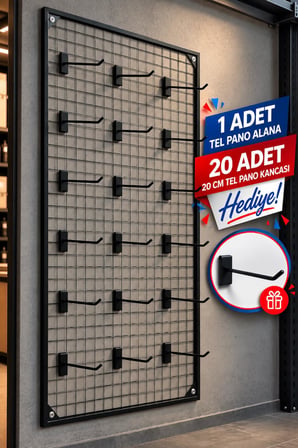 Sık Telli Tel Raf - Tel Pano Stand, Duvar Askılığı-20 Adet 20 cm Tel Pano Kanca Hediyeli 75x200 cm