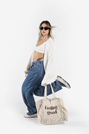 "Feeling Good" Canvas Tote Bag Omuz ve Plaj Çantası