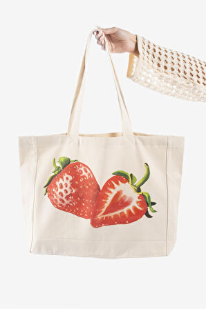 "Strawberries" Canvas Tote Bag Omuz ve Plaj Çantası