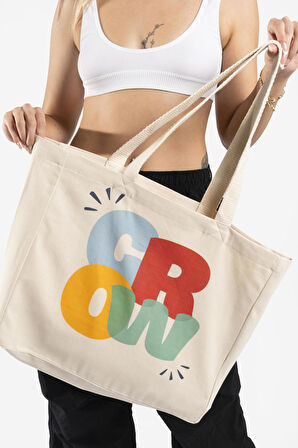 "Grow" Canvas Tote Bag Omuz ve Plaj Çantası