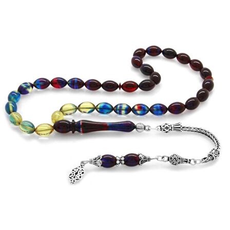 925 Ayar Gümüş Püsküllü Arpa Kesim Süzme Bonibon Ateş Kehribar Tesbih