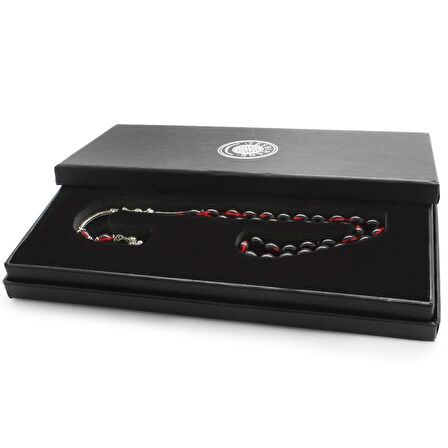 925 Ayar Gümüş Püsküllü Arpa Kesim Gümüş İsim Yazılı Kırmızı-Siyah Ateş Kehribar Tesbih