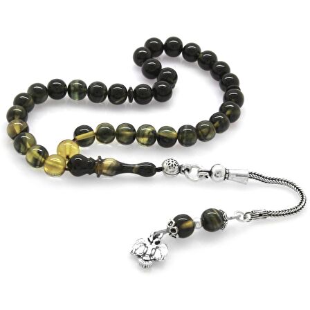 925 Ayar Gümüş Püsküllü Küre Kesim Bilek Boy Süzme Beyaz-Siyah Ateş Kehribar Tesbih