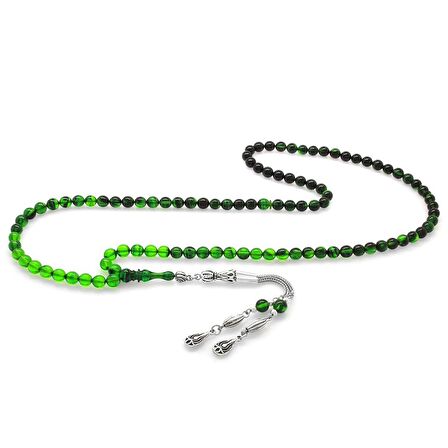 Kararmaz Metal Su Damlası Püsküllü Küre Kesim Süzme Yeşil-Siyah Ateş Kehribar 99'luk Tesbih
