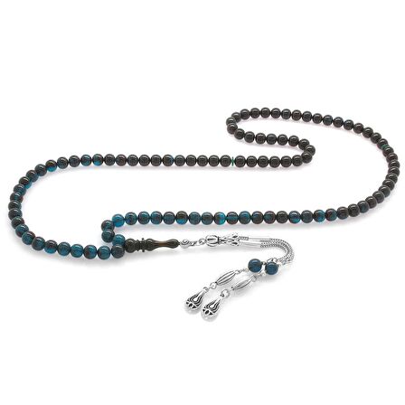 Kararmaz Metal Su Damlası Püsküllü Küre Kesim Süzme Turkuaz-Siyah Ateş Kehribar 99'luk Tesbih