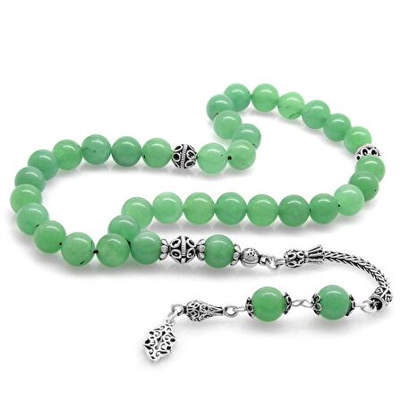 925 Ayar Gümüş Püsküllü Küre Kesim Aventurin Doğaltaş Tesbih