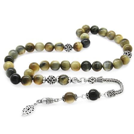 925 Ayar Gümüş Püsküllü Küre Kesim Karışık Renk Kaplangözü Doğaltaş Tesbih