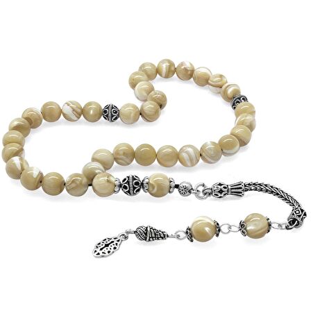 925 Ayar Gümüş Püsküllü Küre Kesim Sarı Sedef Doğaltaş Tesbih