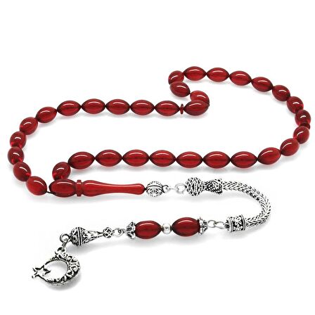 Ayyıldız Kararmaz Metal Püsküllü Arpa Kesim Bayrak Kırmızısı Ateş Kehribar Tesbih