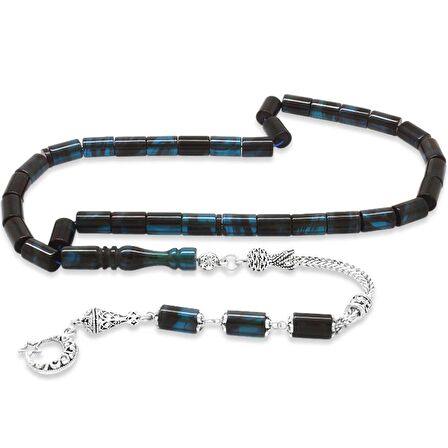 Kararmaz Metal Püsküllü Kesme Kesim Turkuaz-Siyah Ateş Kehribar Tesbih