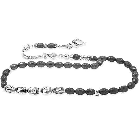 Kararmaz Metal Püsküllü Faset Arpa Kesim Metal İsim Yazılı Hematit Doğaltaş Tesbih