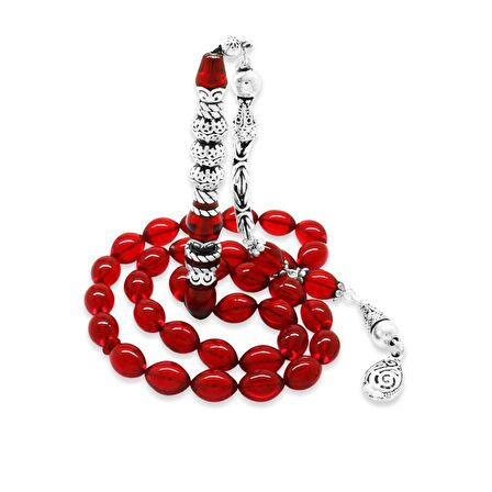 925 Ayar Gümüş Kral Püsküllü Gümüş Üç Şerefeli Nakkaş İmameli Bayrak Kırmızısı Ateş Kehribar Tesbih