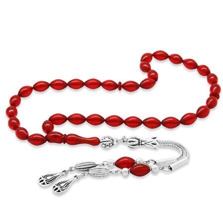 Kararmaz Metal Su Damlası Püsküllü Arpa Kesim Bilek Boy Bayrak Kırmızısı Ateş Kehribar Tesbih