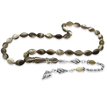 Çeşmi Bülbül Tasarım Kararmaz Metal Püsküllü Arpa Kesim Naturel Renk Bufalo Boynuzu Tesbih