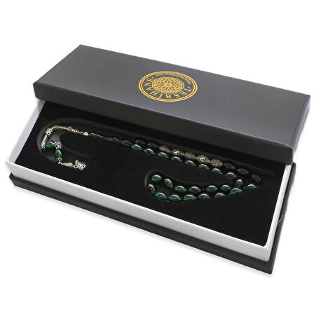 925 Ayar Gümüş Püsküllü Arpa Kesim Gümüş İsim Yazılı Yeşil-Siyah Ateş Kehribar Tesbih