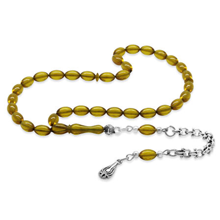 Kararmaz Metal Arnavut Zincir Püsküllü Arpa Kesim Sarı Bilek Boy Ateş Kehribar Tesbih