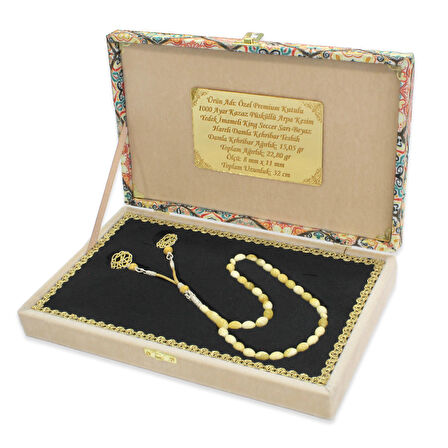 Özel Premium Kutulu 1000 Ayar Kazaz Püsküllü Arpa Kesim Yedek İmameli King Seccer Sarı-Beyaz Hareli Damla Kehribar Tesbih