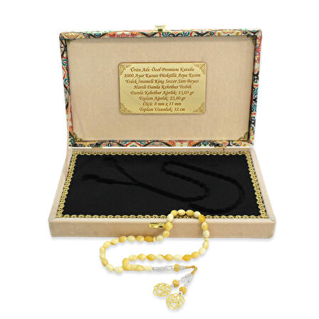 Özel Premium Kutulu 1000 Ayar Kazaz Püsküllü Arpa Kesim Yedek İmameli King Seccer Sarı-Beyaz Hareli Damla Kehribar Tesbih