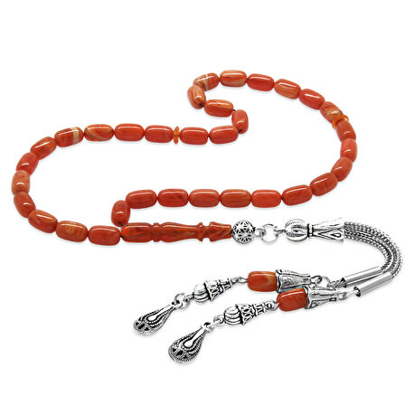 Kararmaz Metal 2'li Kamçı Püsküllü Kapsül Kesim Bilek Boy Soft Kırmızı-Beyaz Ateş Kehribar Tesbih