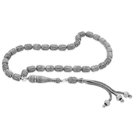 Üçlü Kamçı Top Püsküllü Telkari Tasarım Kapsül Kesim Eskitme Renk 925 Ayar Gümüş Tesbih