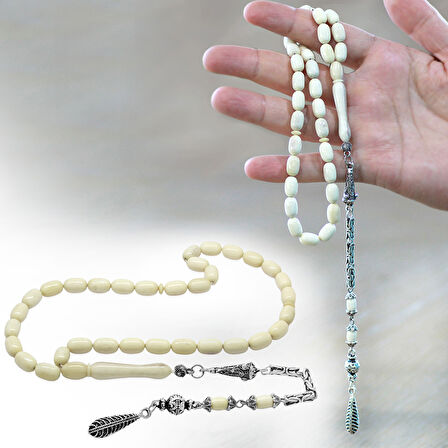 Kararmaz Metal Kral Zincir Püsküllü Tombul Kapsül Kesim Naturel Renk Deve Kemiği Tesbih