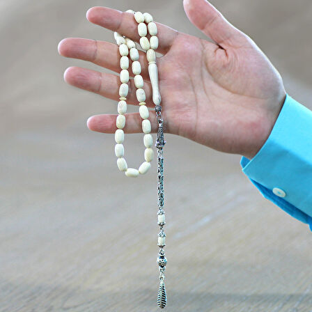 Kararmaz Metal Kral Zincir Püsküllü Tombul Kapsül Kesim Naturel Renk Deve Kemiği Tesbih