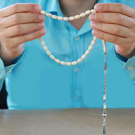 Kararmaz Metal Kral Zincir Püsküllü Tombul Kapsül Kesim Naturel Renk Deve Kemiği Tesbih