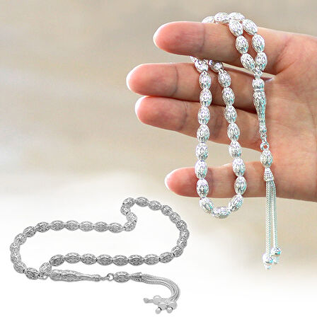 Üçlü Kamçı Püsküllü Petek Tasarım Arpa Kesim Silver Renk 925 Ayar Gümüş Tesbih