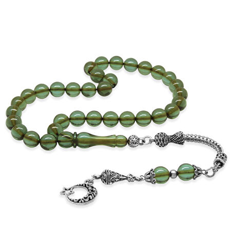 Kararmaz Metal Ayyıldız Püsküllü Küre Kesim Su Yeşili Ateş Kehribar Tesbih