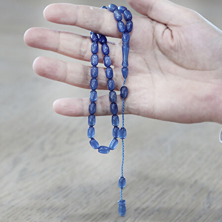 Sistemli Özel Kesim Sedefli Mavi Sıkma Kehribar Tesbih