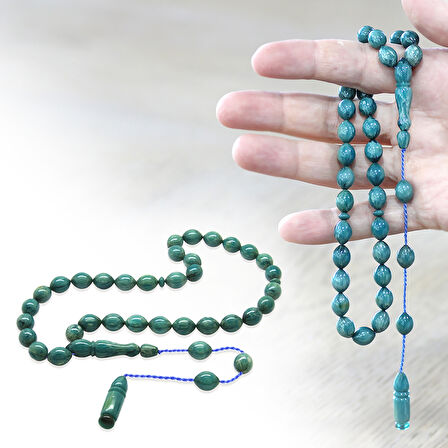 Sistemli Arpa Kesim Turkuaz-Beyaz Sıkma Kehribar Tesbih