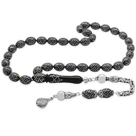 925 Ayar Gümüş Kral Zincir Püsküllü Ekose Motifli Gümüş Firuze İşlemeli Arpa Kesim Erzurum Oltu Taşı Tesbih