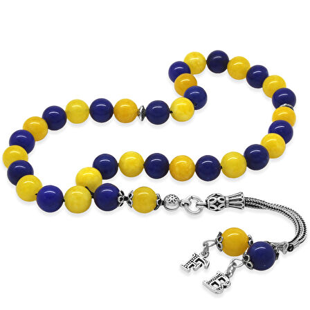 925 Ayar Gümüş Kişiye Özel Harf Püsküllü Küre Kesim Sarı Lacivert Jade Doğaltaş Taraftar Tesbih