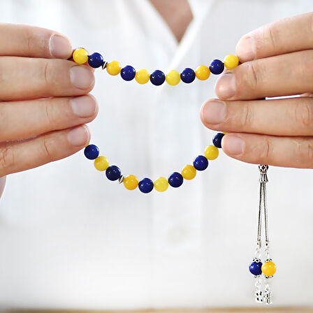 925 Ayar Gümüş Kişiye Özel Harf Püsküllü Küre Kesim Sarı Lacivert Jade Doğaltaş Taraftar Tesbih