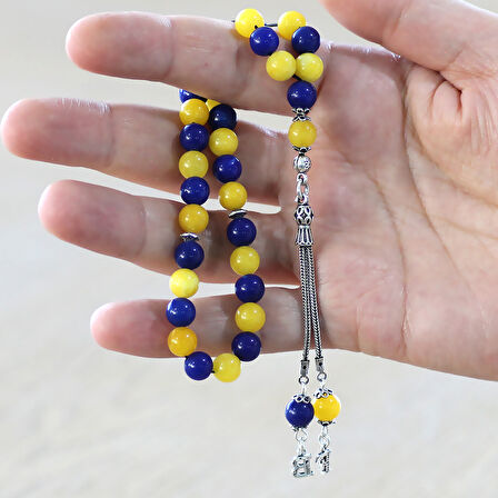 925 Ayar Gümüş Kişiye Özel Harf Püsküllü Küre Kesim Sarı Lacivert Jade Doğaltaş Taraftar Tesbih