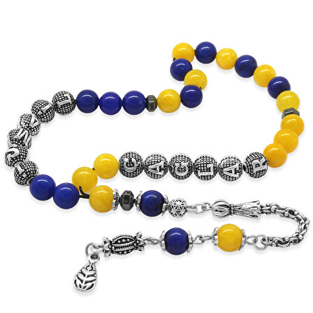 Kararmaz Metal Arnavut Zincir Püsküllü Küre Kesim Kişiye Özel İsim Yazılı Sarı Lacivert Jade Doğaltaş Taraftar Tesbih