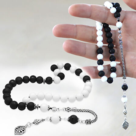 925 Ayar Gümüş Püsküllü Küre Kesim Siyah Beyaz Jade Ayyıldız Oniks Doğaltaş Taraftar Tesbih