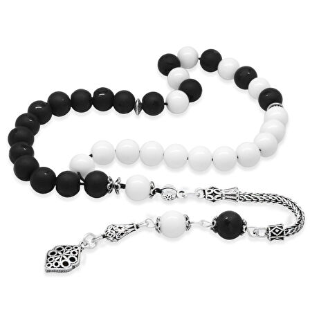 925 Ayar Gümüş Püsküllü Küre Kesim Siyah Beyaz Jade Ayyıldız Oniks Doğaltaş Taraftar Tesbih