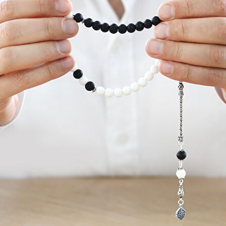 925 Ayar Gümüş Püsküllü Küre Kesim Siyah Beyaz Jade Ayyıldız Oniks Doğaltaş Taraftar Tesbih