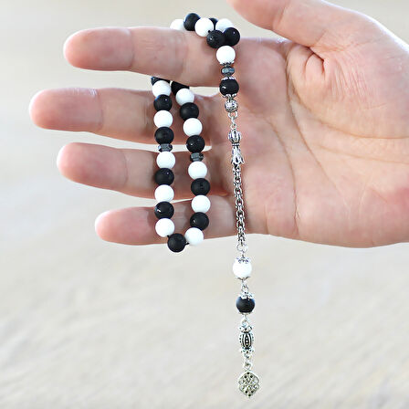 Kararmaz Metal Arnavut Zincir Püsküllü Küre Kesim Siyah Beyaz Jade Ayyıldız Oniks Doğaltaş Taraftar Tesbih M2